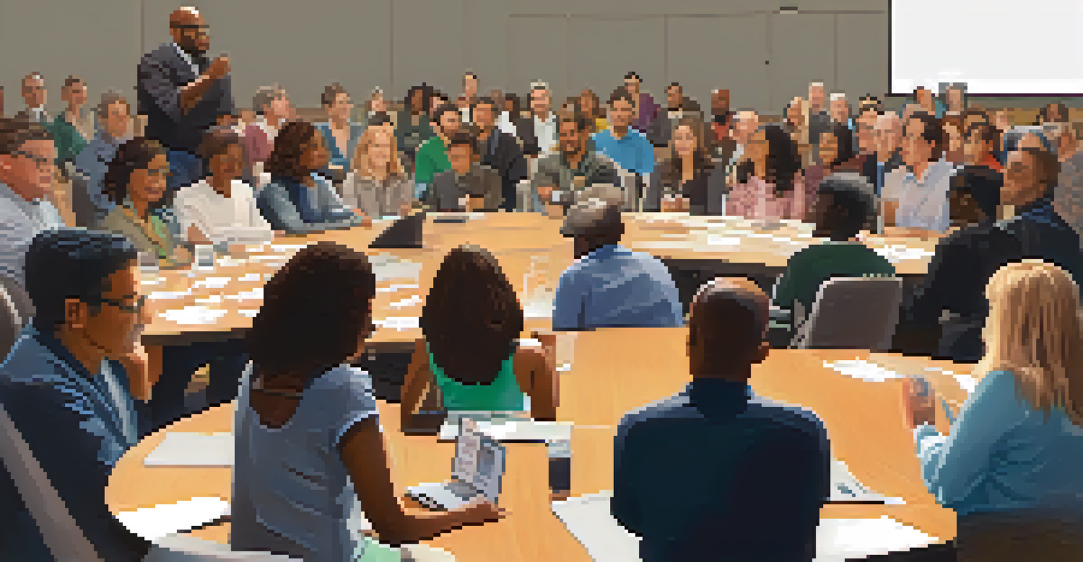 A diverse group of residents engaged in discussion during a town hall meeting about community resilience strategies.