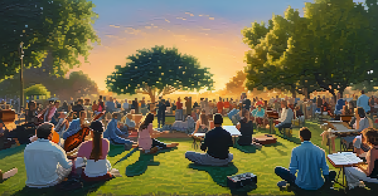 An outdoor summer jazz concert in a park with people on picnic blankets enjoying the music, surrounded by greenery and a colorful sunset.