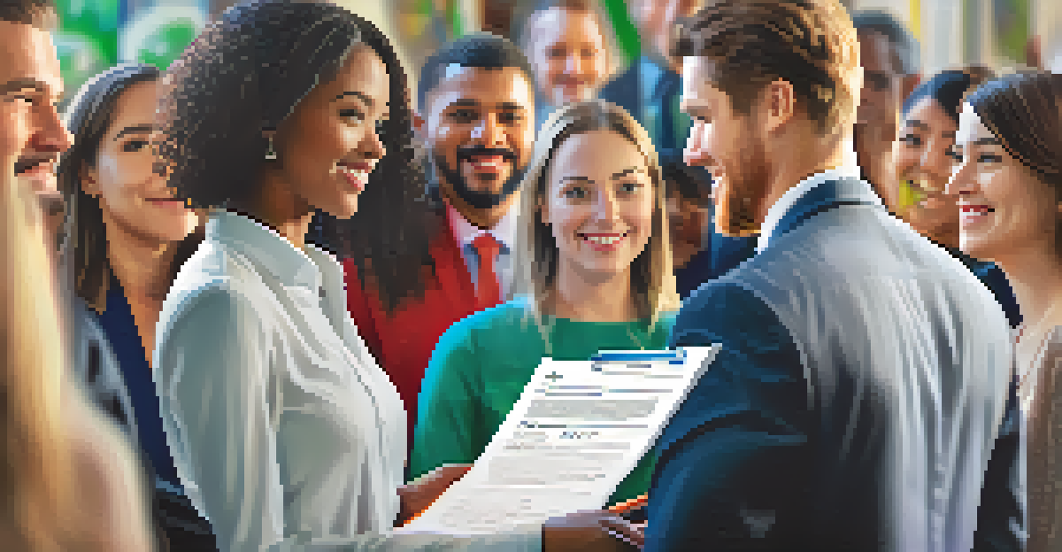 A job seeker presenting their resume to an employer at a networking event, conveying confidence and professionalism.