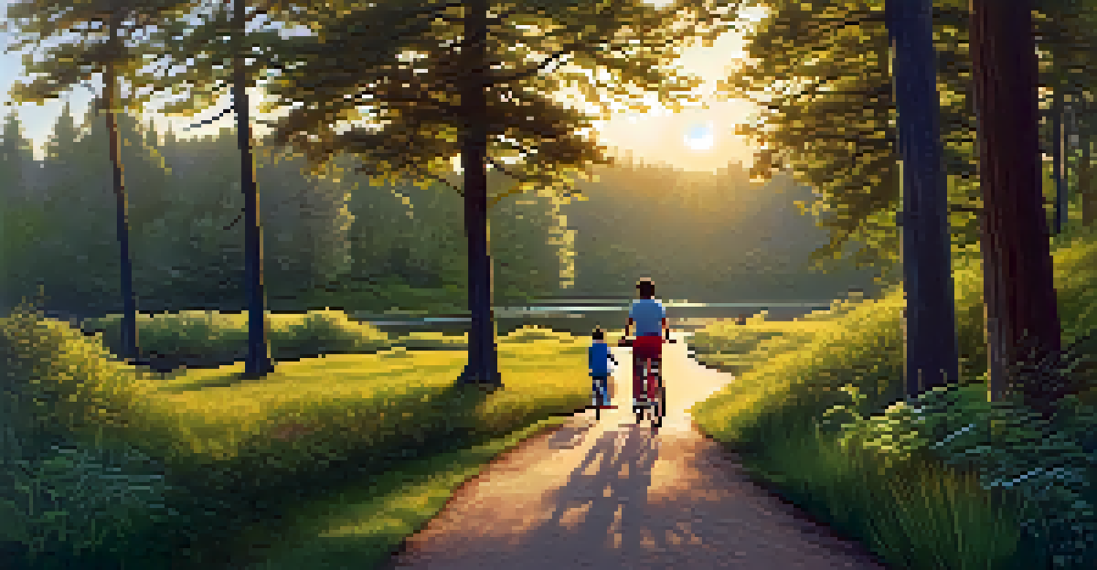 A family enjoying a bike ride and walk along a scenic trail with trees and a creek, under a golden sunset.