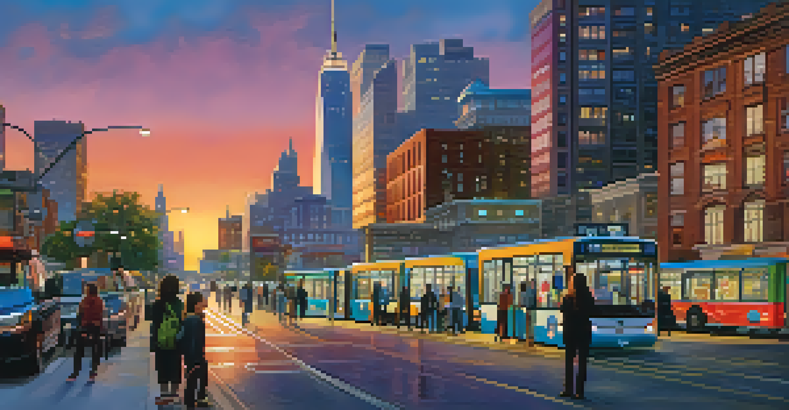 A bustling public transportation hub at dusk with illuminated bus stops and commuters.