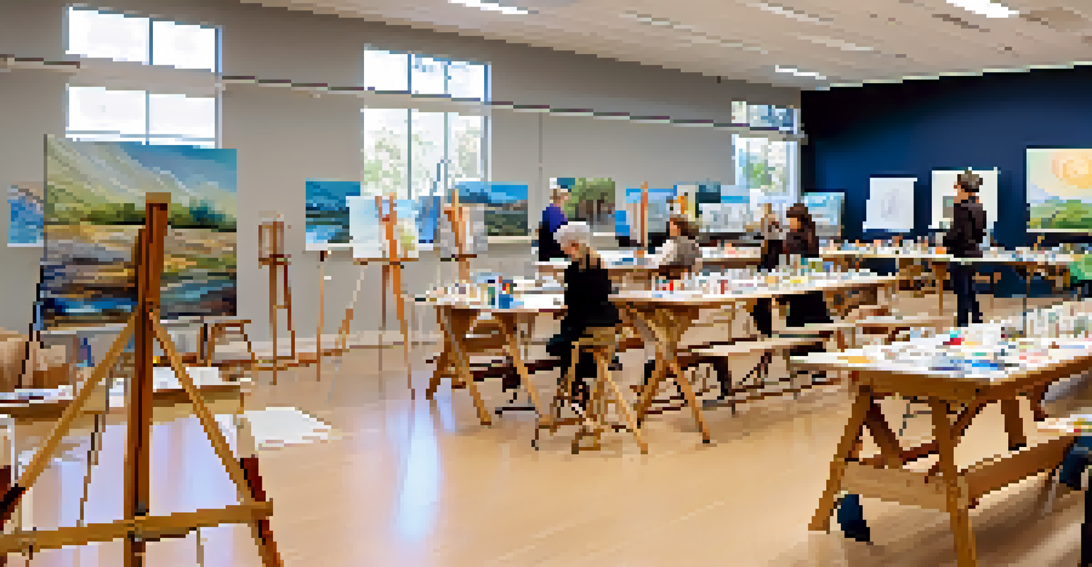 An art workshop in a Cupertino community center with local artists working on different creative projects under bright natural light.