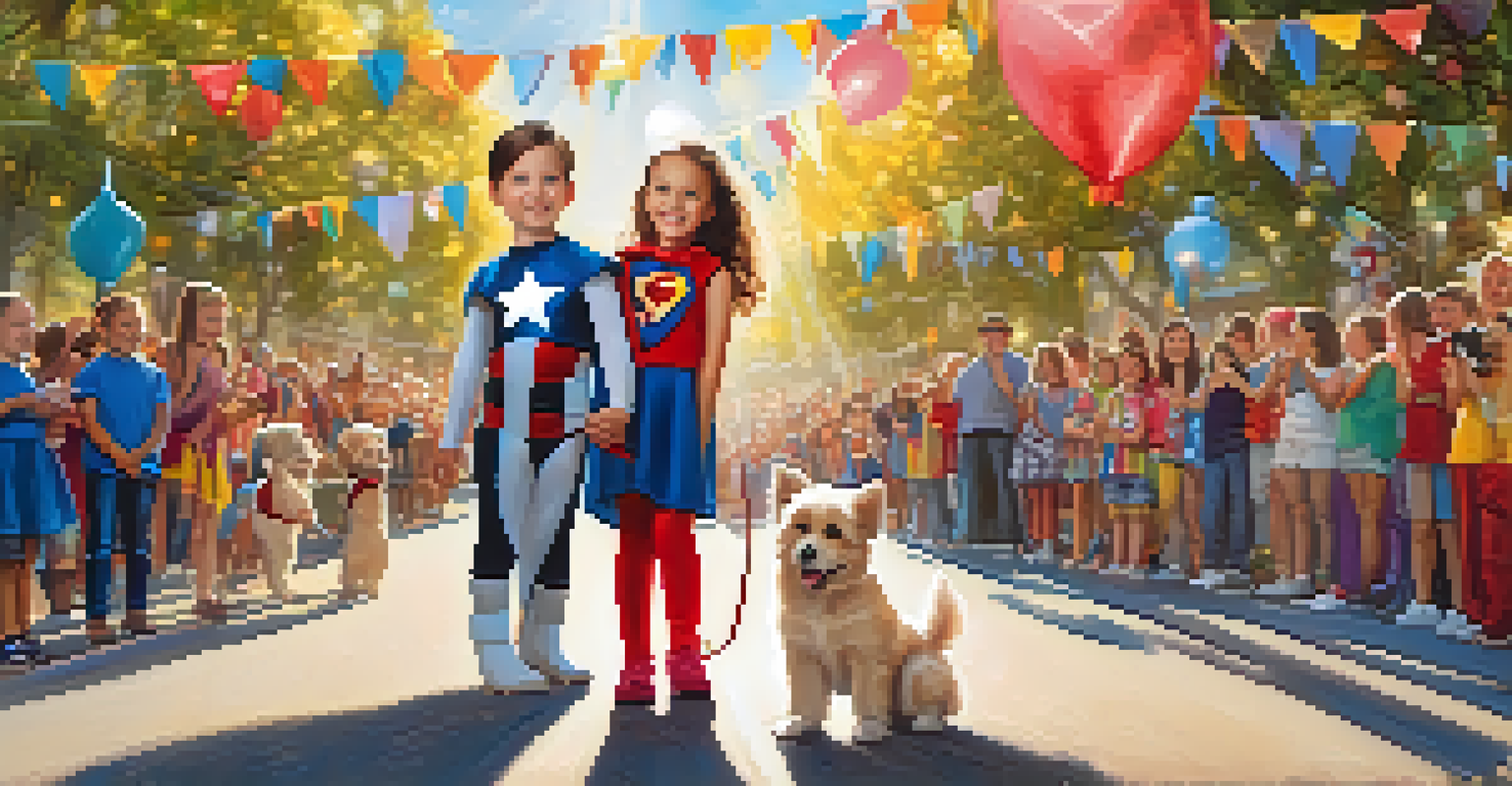 A girl and her dog in matching superhero costumes at a pet parade.