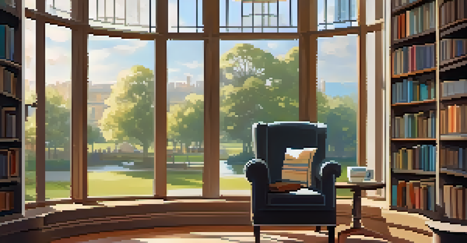 A cozy reading nook in a public library with an armchair, a cup of coffee, and a view of a park outside, illuminated by warm sunlight.