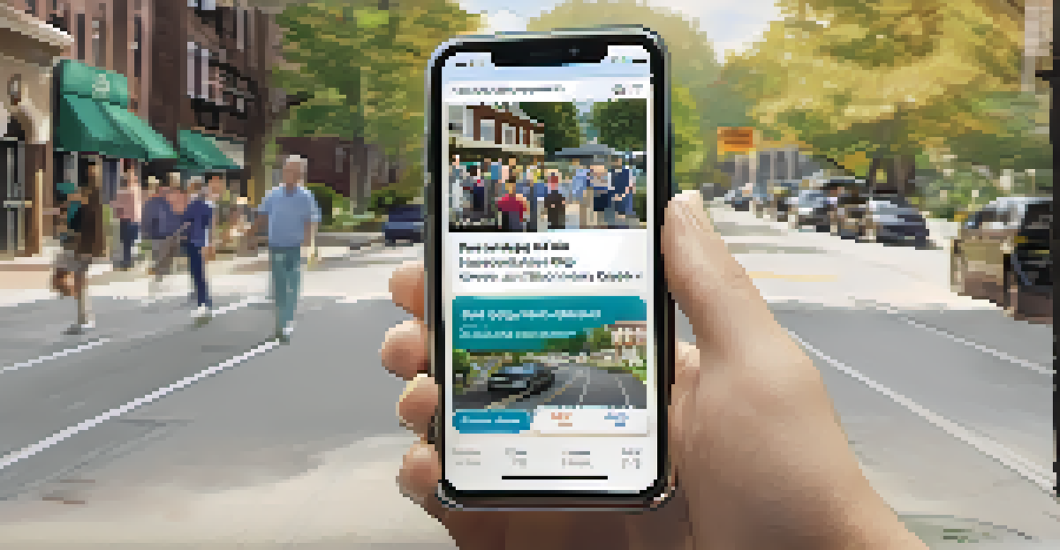 A smartphone displaying a neighborhood watch app, with residents discussing in the background.