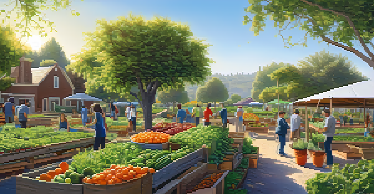 A community garden in Cupertino with diverse fruit trees and vegetable patches under bright sunlight.