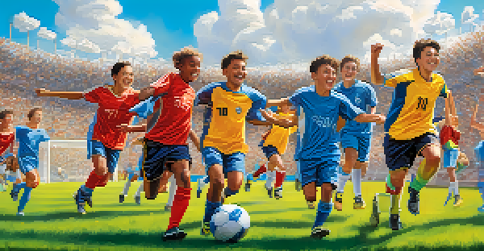 A diverse group of young soccer players celebrating a victory on a sunny day, with a soccer ball in the foreground.