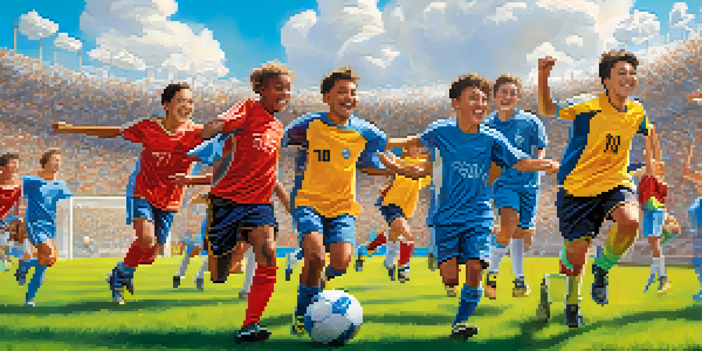 A diverse group of young soccer players celebrating a victory on a sunny day, with a soccer ball in the foreground.