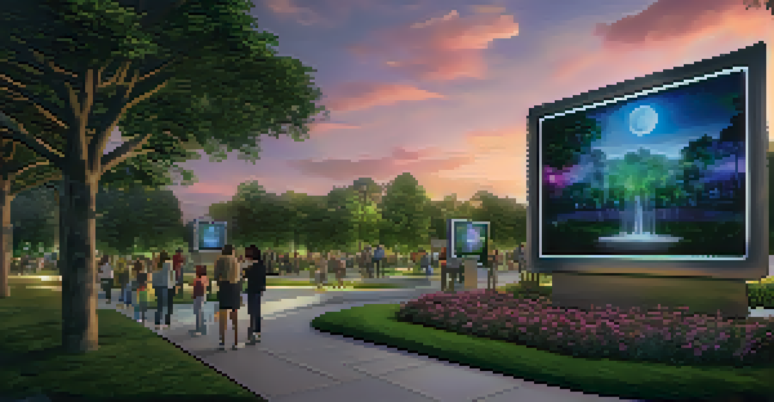 An illuminated interactive sculpture in a public space surrounded by greenery, with digital screens displaying messages.