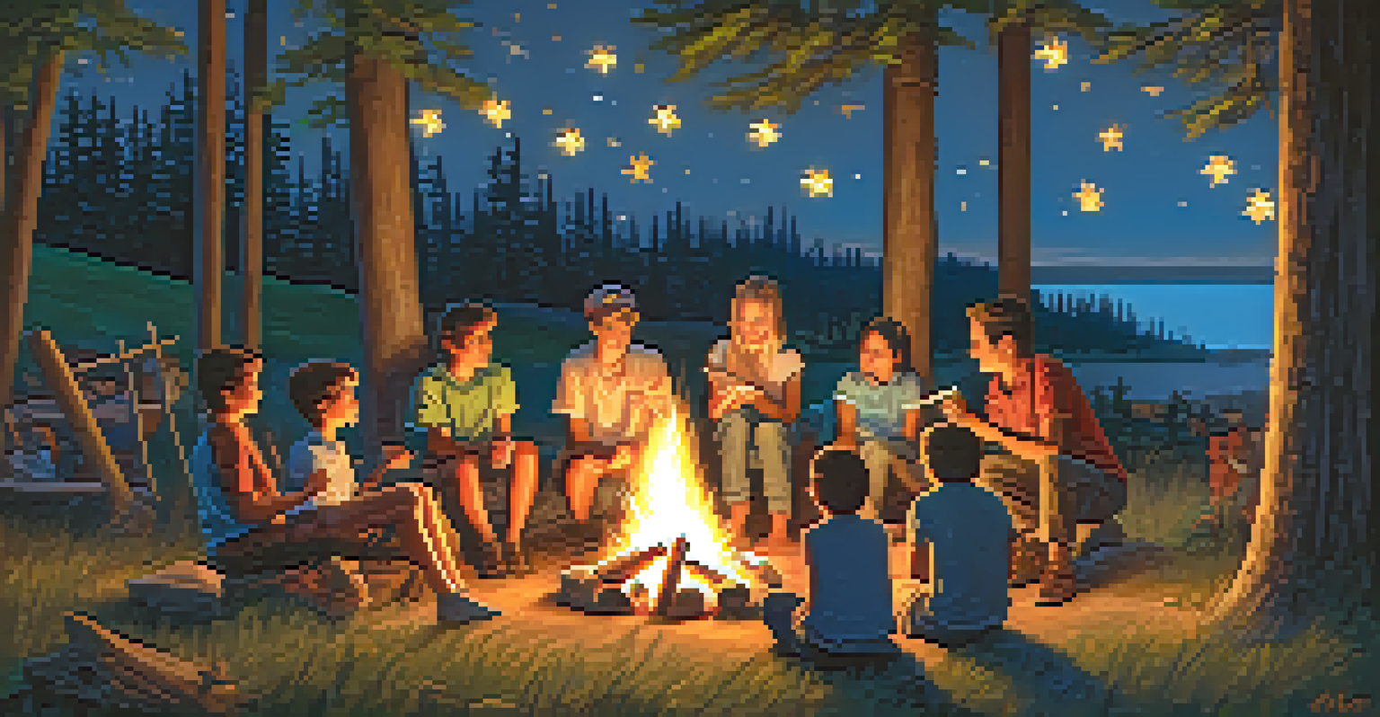 Children gathered around a campfire, roasting marshmallows and sharing stories under a starlit sky.