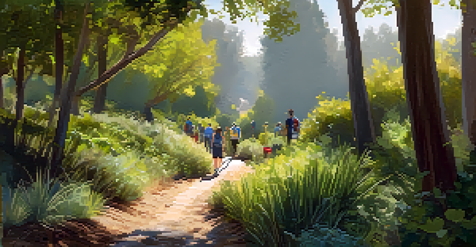 A tranquil scene of Stevens Creek Trail with volunteers cleaning up and planting native plants along a lush path.