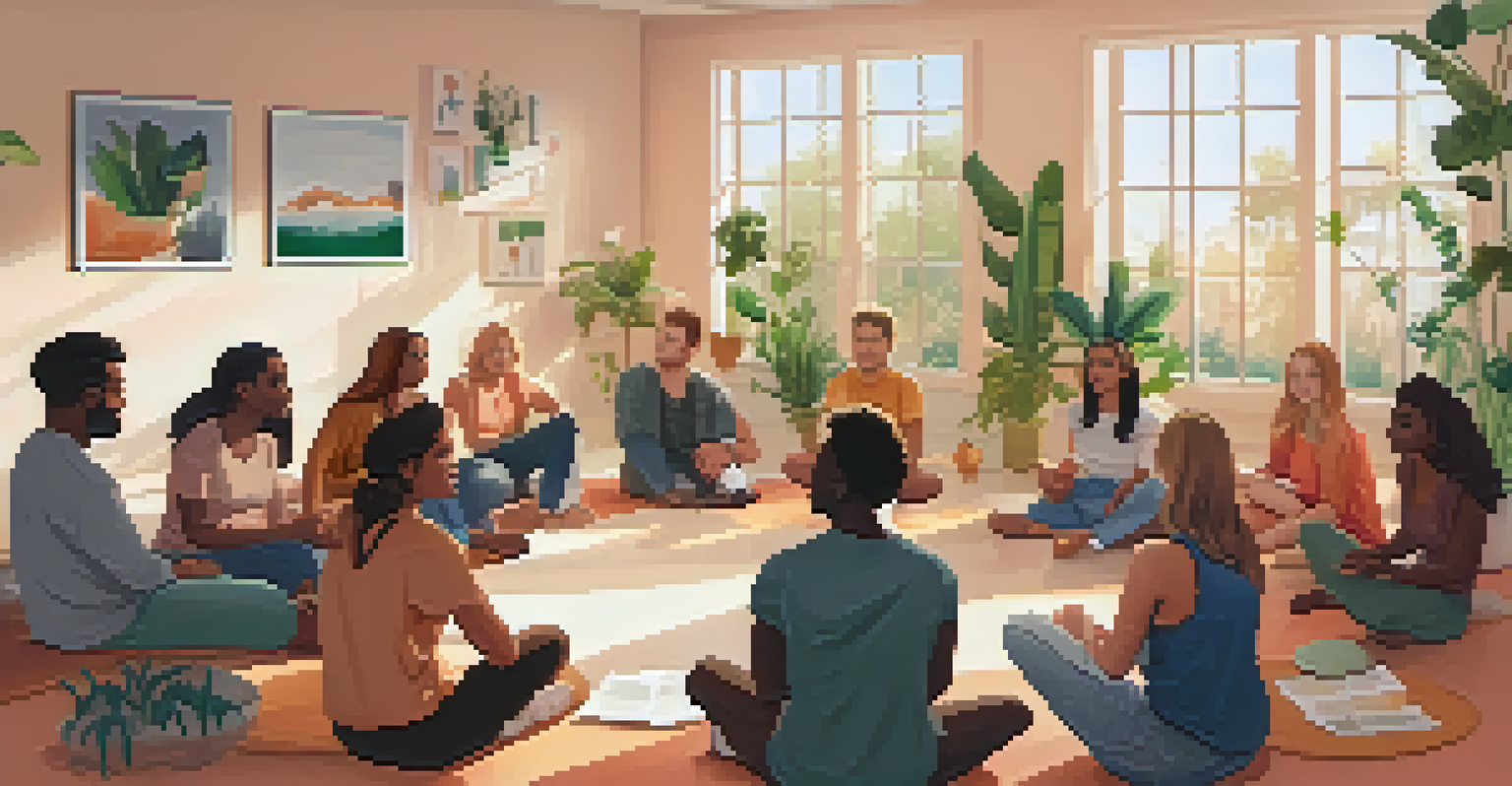 A diverse group of friends in a bright room discussing mental health, showing supportive and engaged expressions.