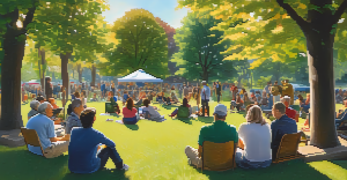 A community meeting taking place in a park with diverse residents discussing and engaging with a planner, surrounded by colorful banners and sunlight filtering through trees.