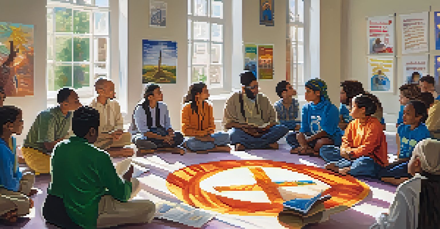 A diverse group of participants engaged in an educational workshop on interfaith dialogue in a bright classroom, surrounded by inspirational posters.