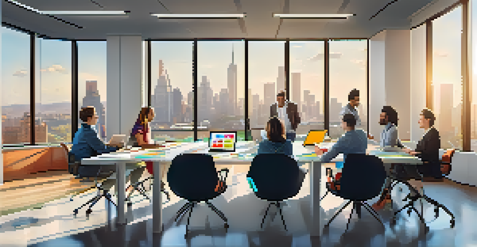 A diverse team collaborating in a conference room with a city view and a whiteboard.