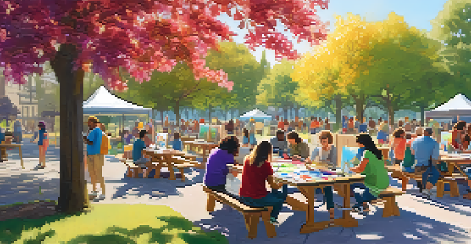 A lively art workshop in a sunny park with artists of all ages creating colorful artworks together.