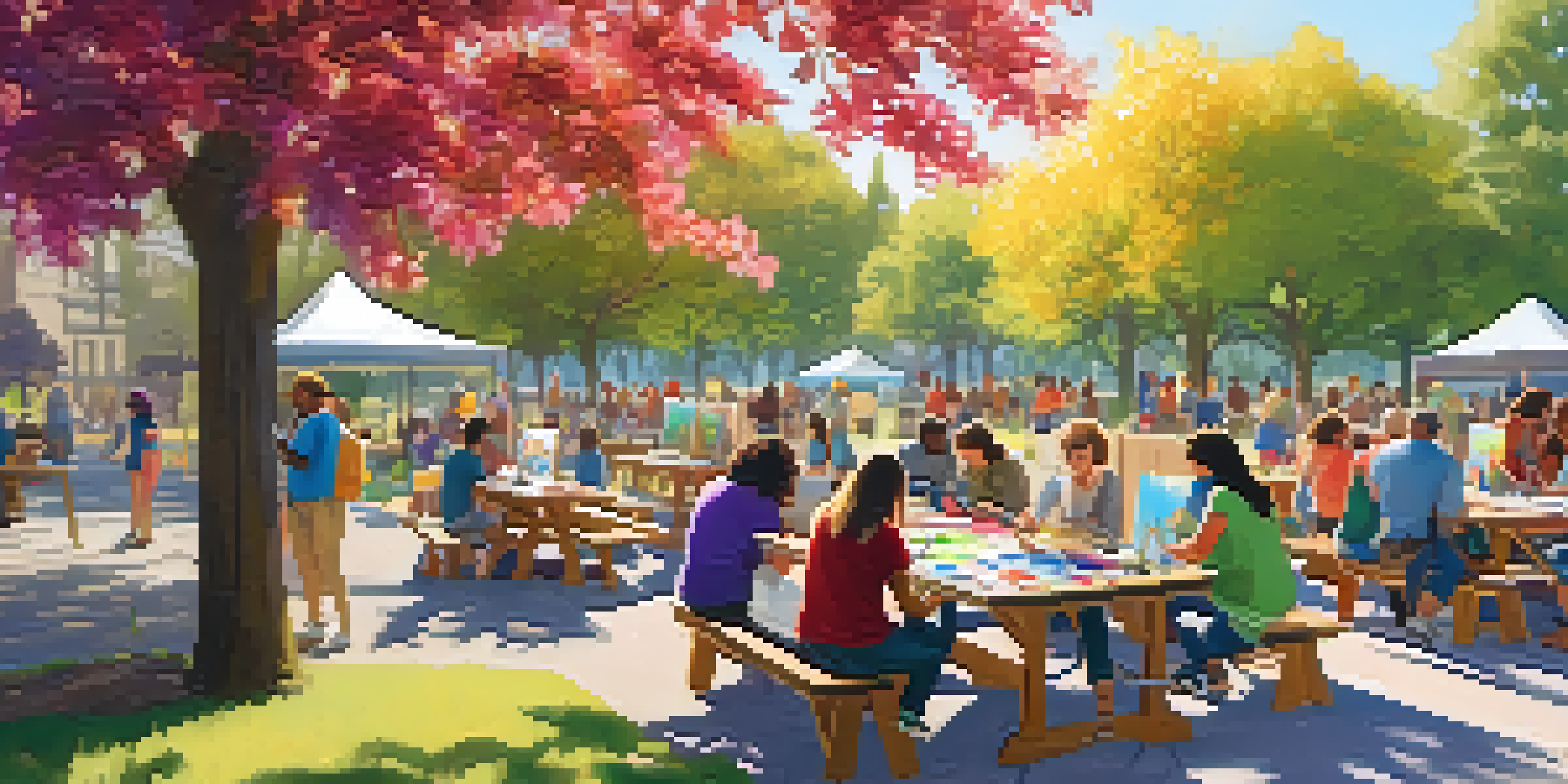 A lively art workshop in a sunny park with artists of all ages creating colorful artworks together.