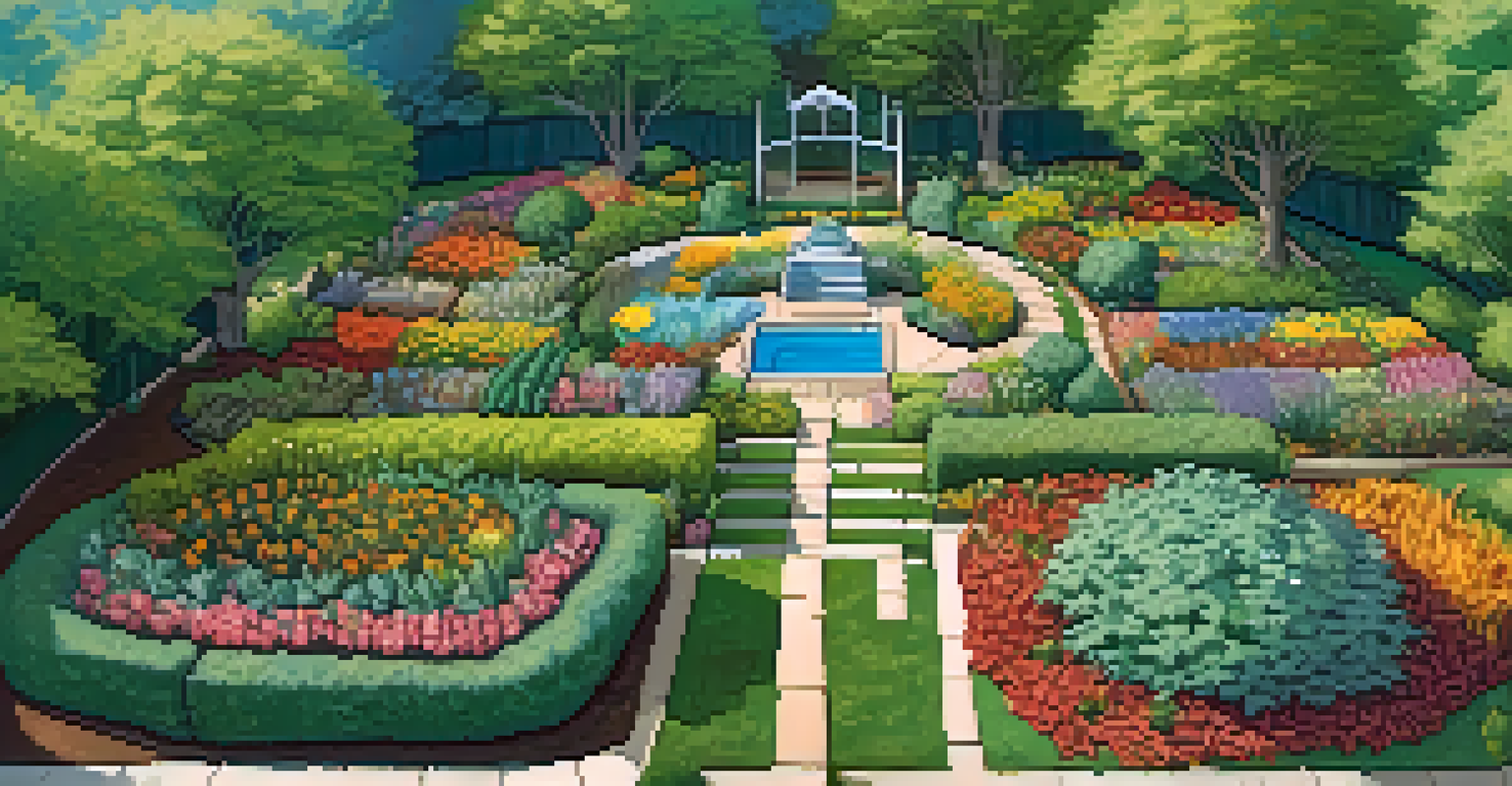 An aerial view of a landscaped garden with sections of different organic mulches, surrounded by greenery and under a blue sky.