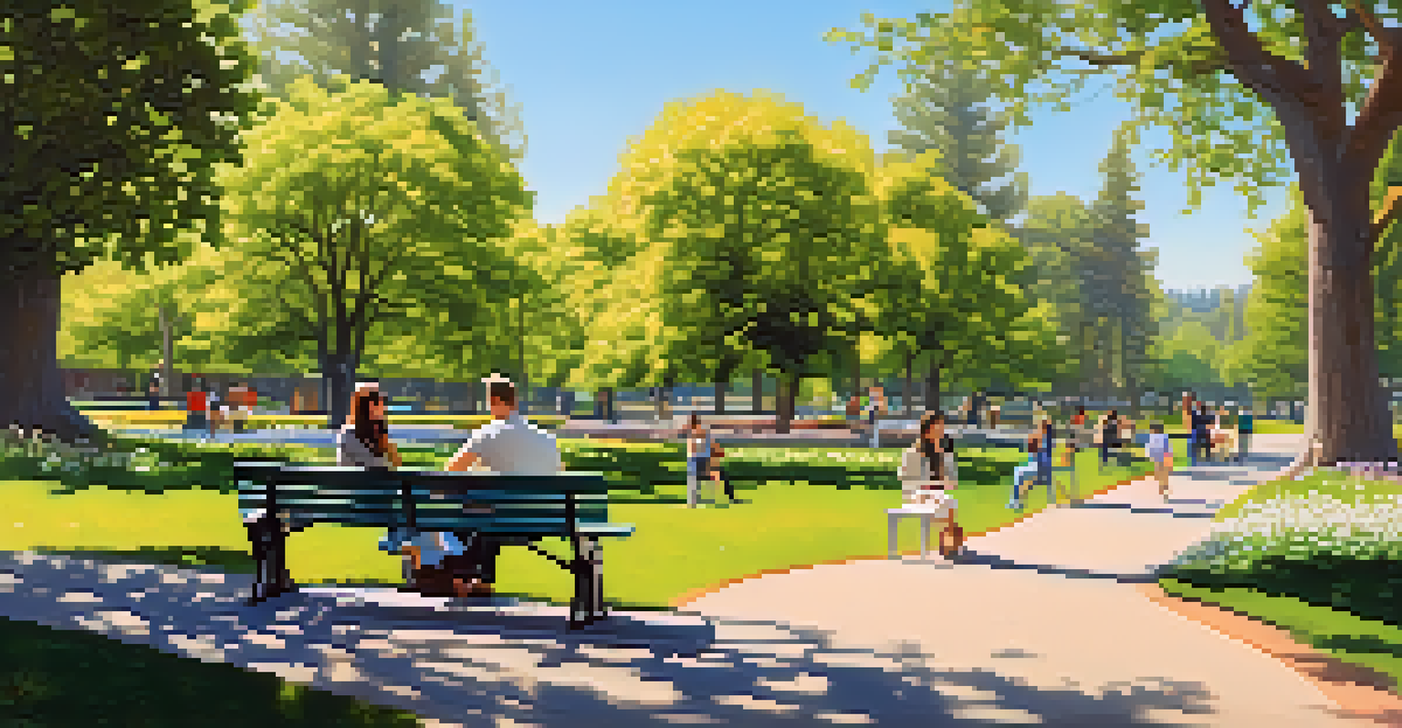 A beautiful park in Cupertino with people relaxing, walking, and enjoying a sunny day surrounded by blooming flowers and tall trees.
