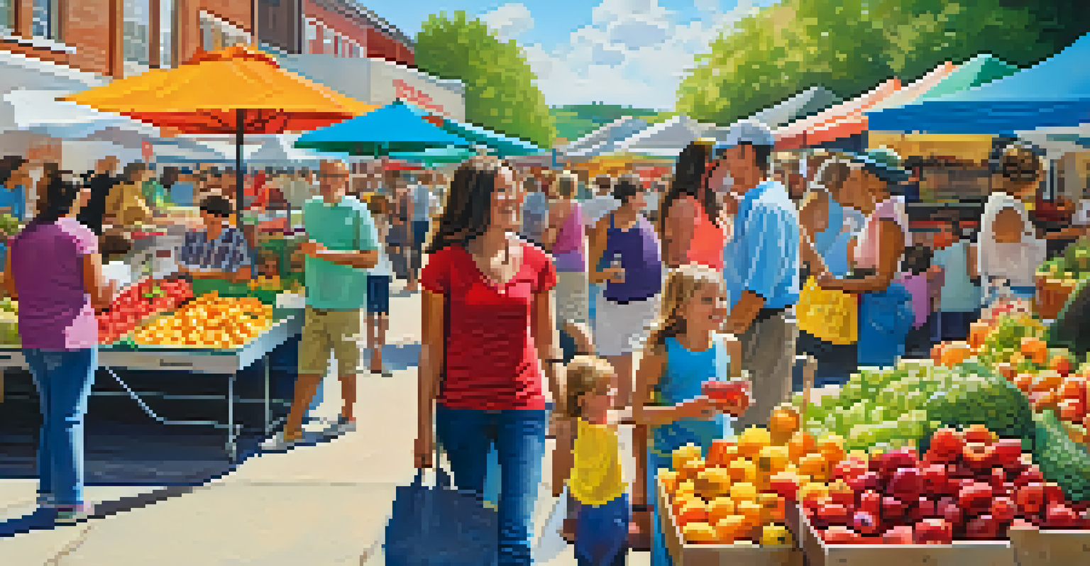 A family at a farmers market, with children sampling fruits and enjoying activities amidst lively stalls.