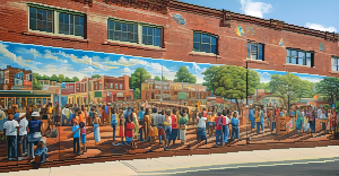 A colorful mural on a brick wall, illustrating local history with diverse figures and cultural symbols under warm sunlight.