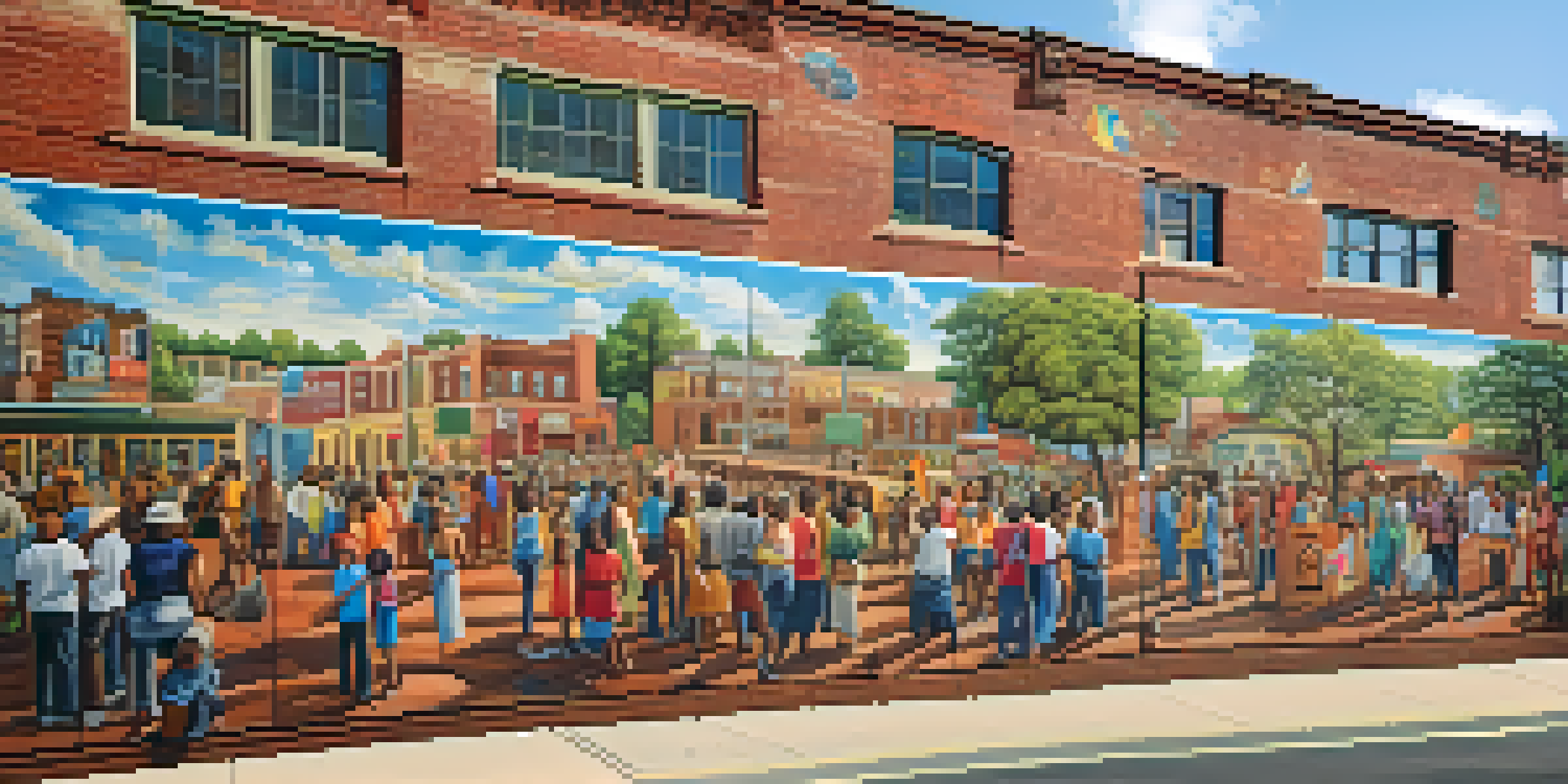 A colorful mural on a brick wall, illustrating local history with diverse figures and cultural symbols under warm sunlight.