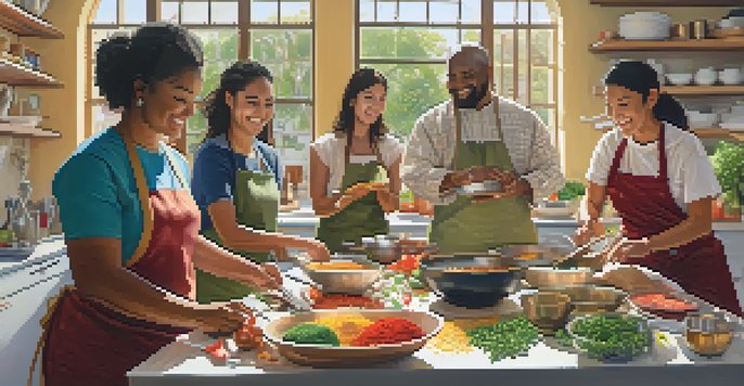 A multicultural cooking class in a bright room with participants joyfully preparing food together.