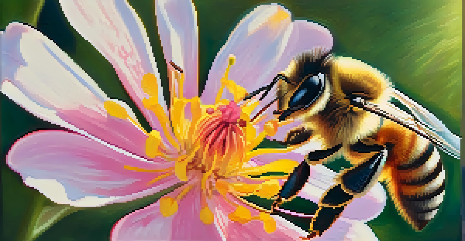 A close-up of a bee pollinating a colorful flower in a lush garden, showcasing the textures and details of both.
