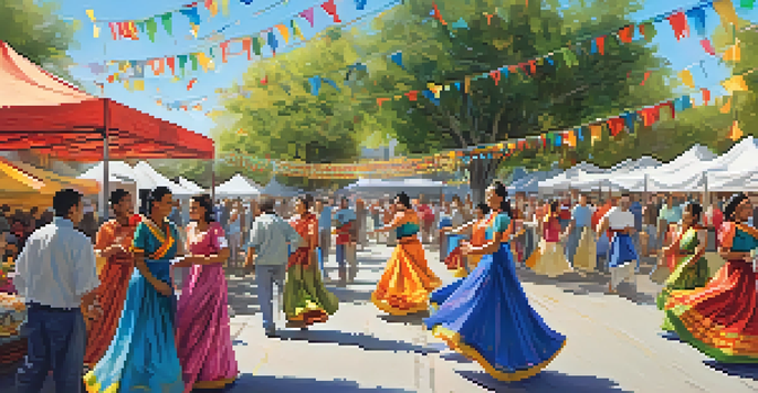 A community festival in Cupertino with diverse people dancing and celebrating under colorful decorations and banners.