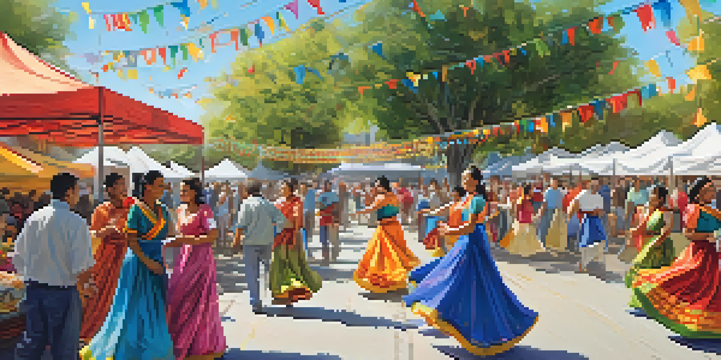 A community festival in Cupertino with diverse people dancing and celebrating under colorful decorations and banners.