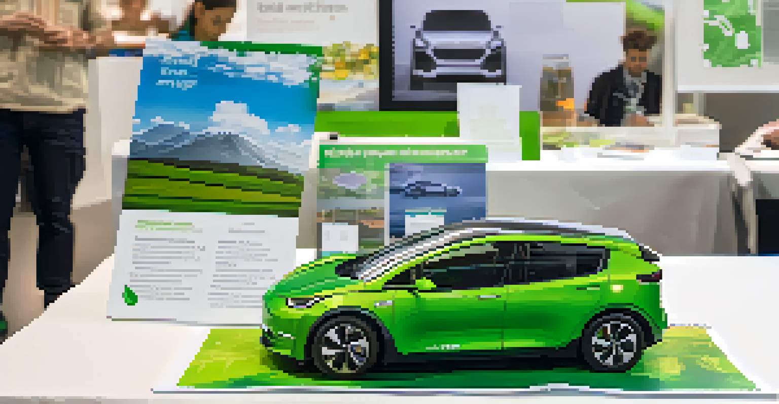 A close-up view of a table displaying brochures and a model electric vehicle, highlighting sustainable energy solutions.