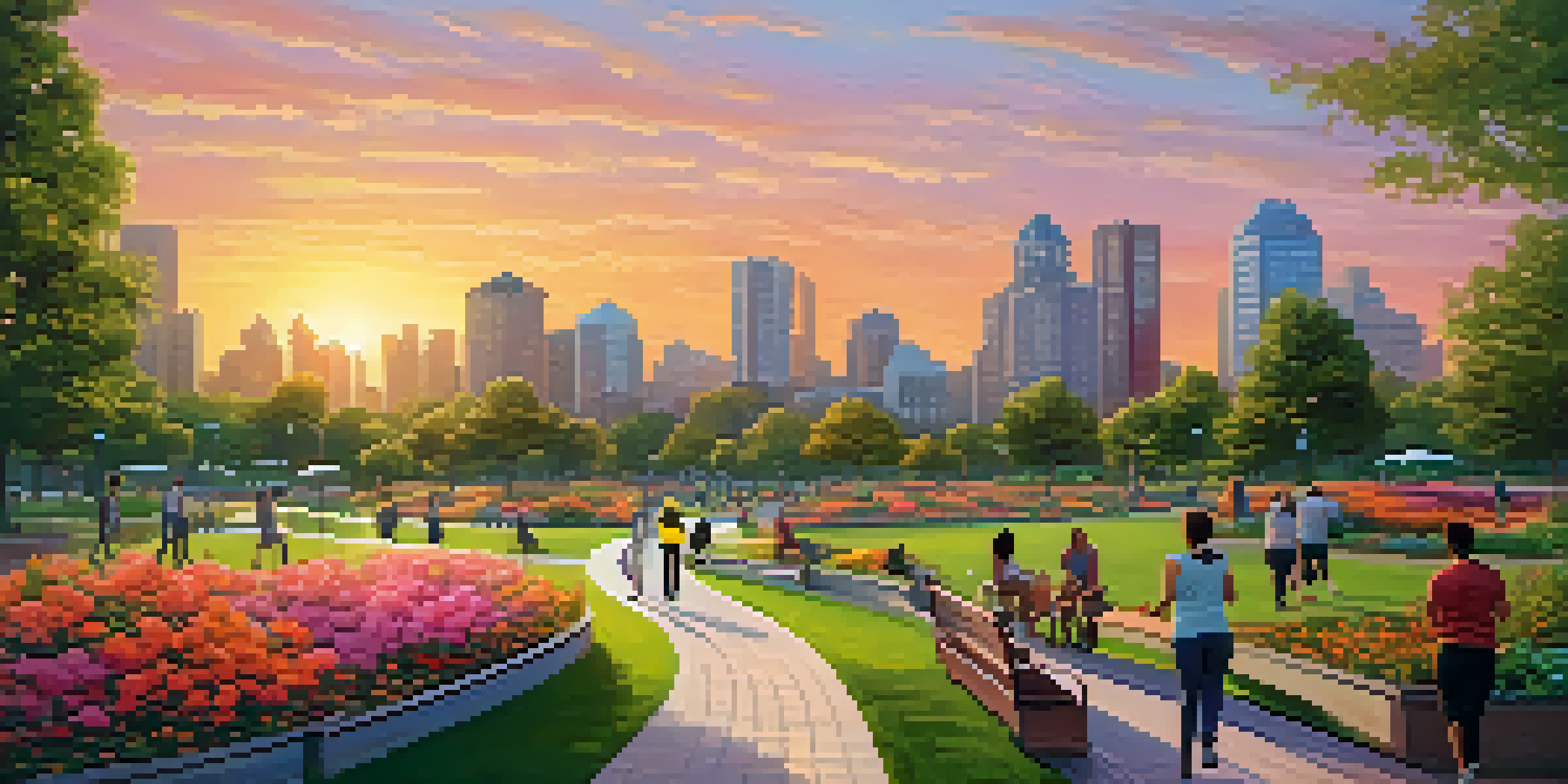 A beautiful urban park at sunset with green trees and colorful flowers, featuring people jogging and relaxing on benches.