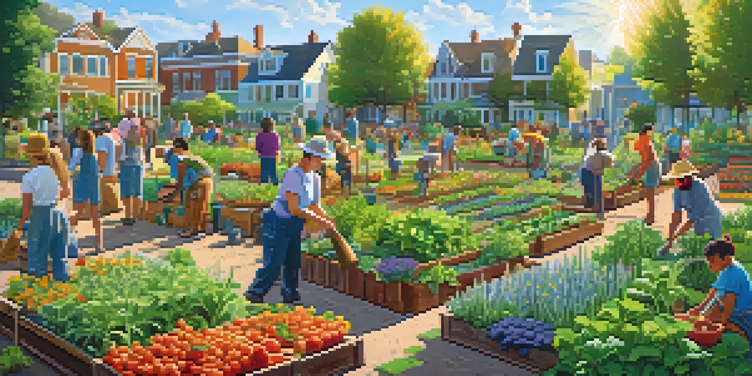 A lively community garden where people of different ages are planting and harvesting vegetables, with sunlight shining through the leaves.