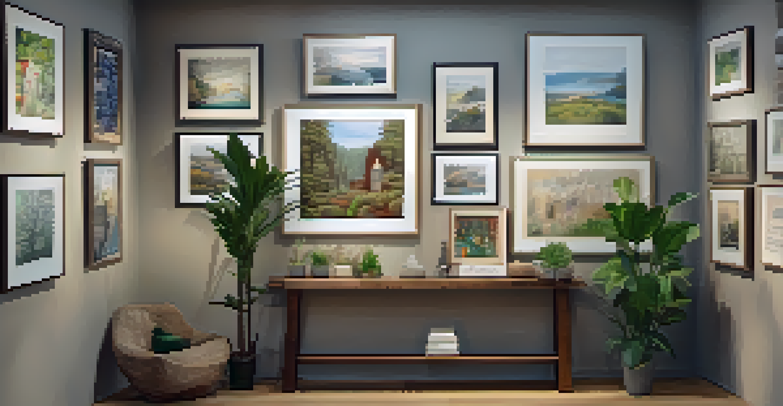 A gallery corner showcasing a mixed-media exhibition on wooden shelves, with soft lighting and plants enhancing the warm atmosphere.