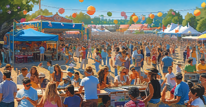 An outdoor music festival in Cupertino with diverse musicians and crowds enjoying live performances under a clear sky.