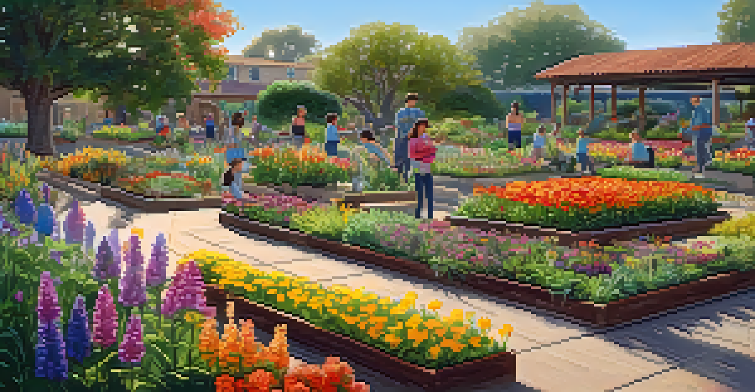 A family engaged in gardening at a community garden, surrounded by colorful flowers and plants under warm sunlight.