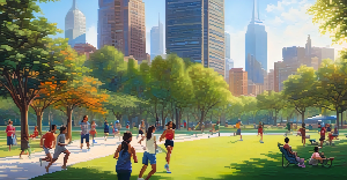 A lively urban park filled with people jogging, picnicking, and children playing, surrounded by greenery and a modern city skyline.
