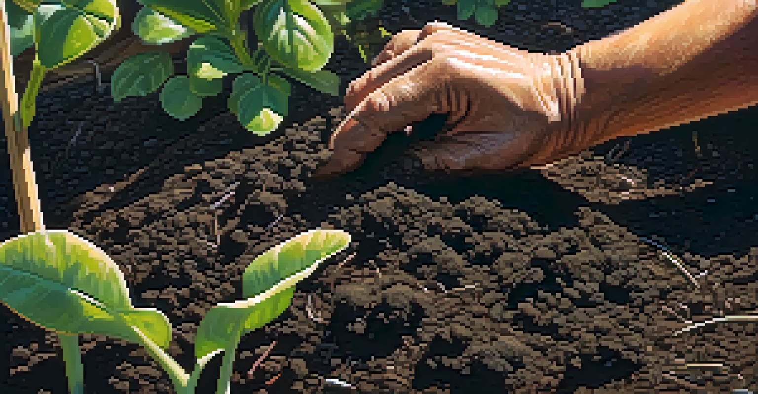 A close view of hands mixing soil and organic compost in a garden setting.