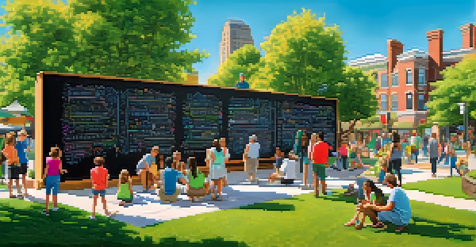 A lively scene of people writing on a chalkboard wall in a park, showcasing community engagement and interaction.