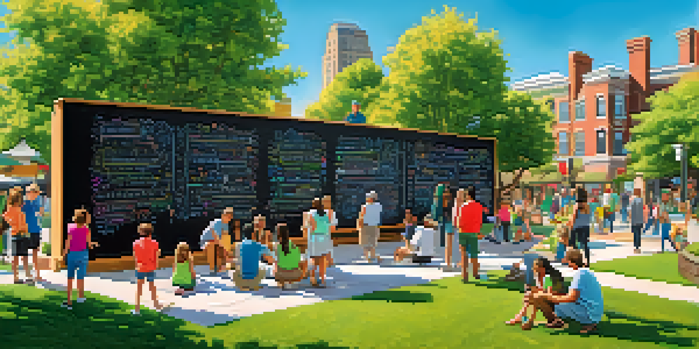 A lively scene of people writing on a chalkboard wall in a park, showcasing community engagement and interaction.