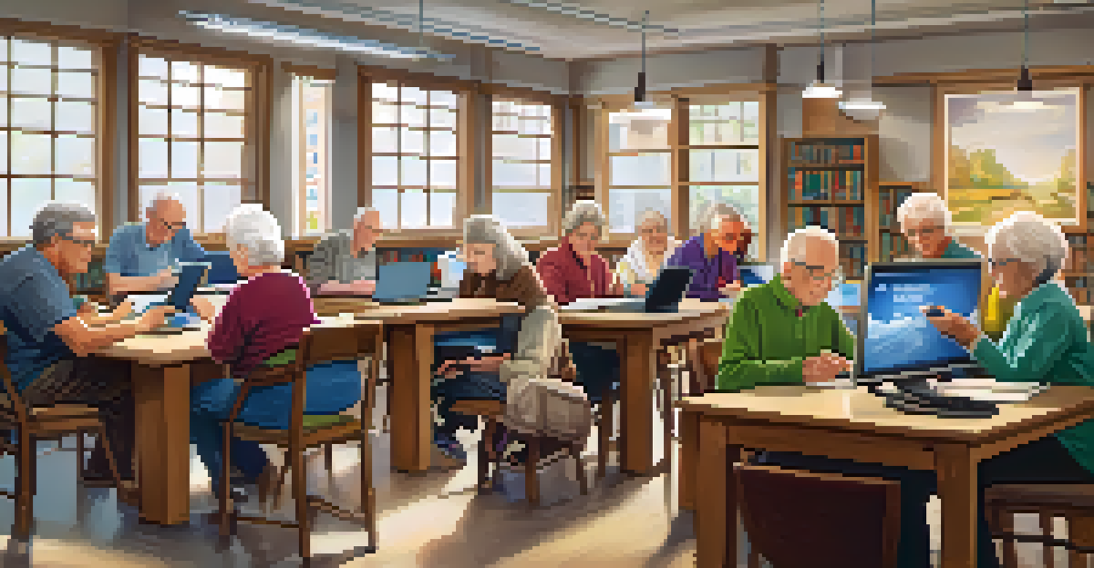 Seniors learning to use smartphones in a digital literacy class at a library, with an instructor guiding them.