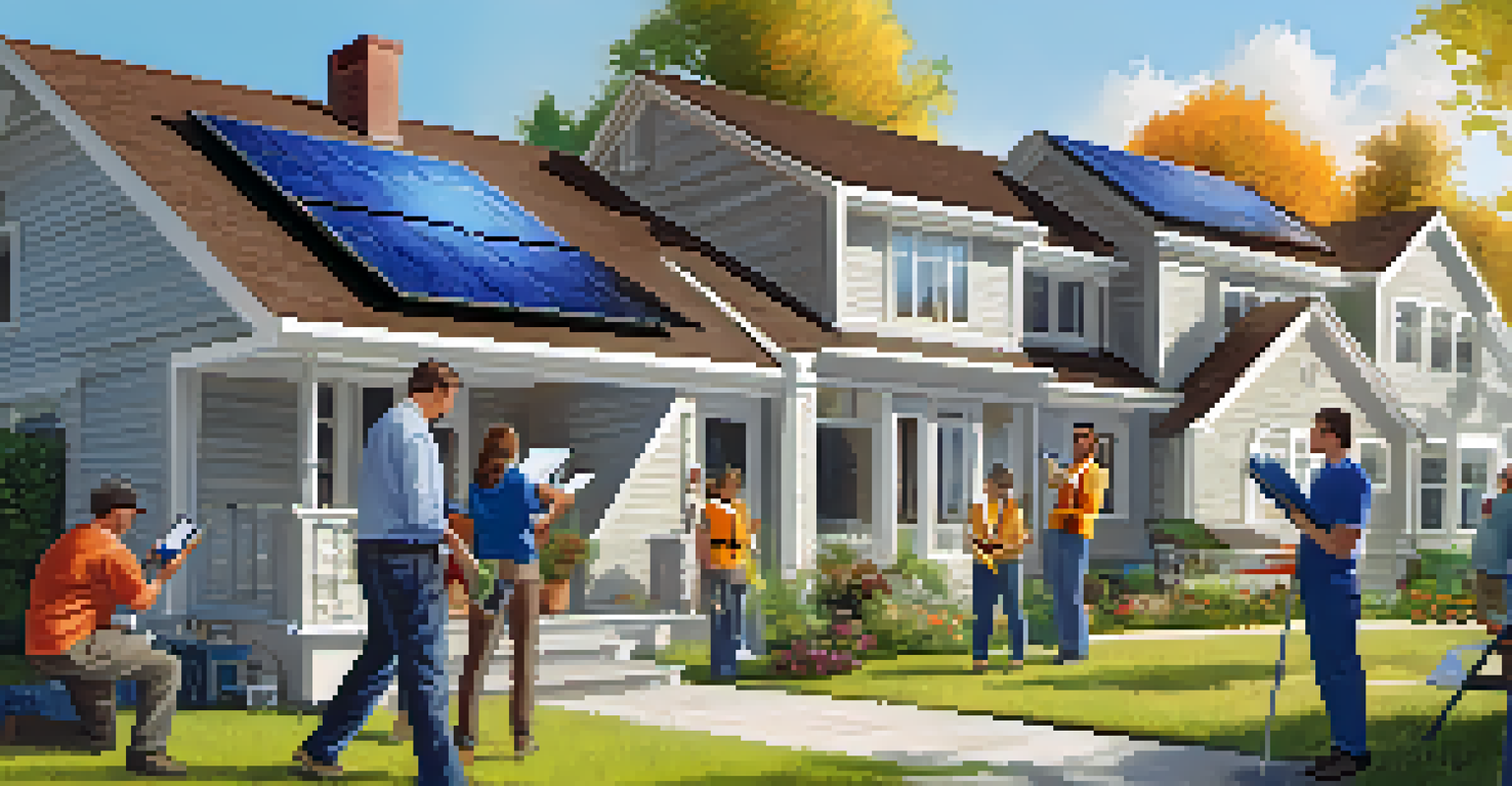 Residents engaged in a hands-on energy audit activity outside a home with solar panels, under a clear blue sky.