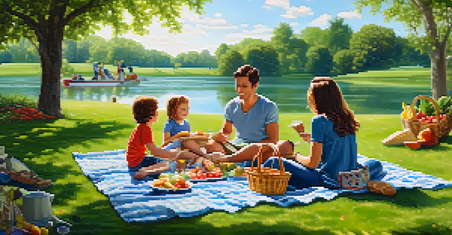 A family picnic in a park with a blanket, basket of food, and children playing nearby, surrounded by greenery.