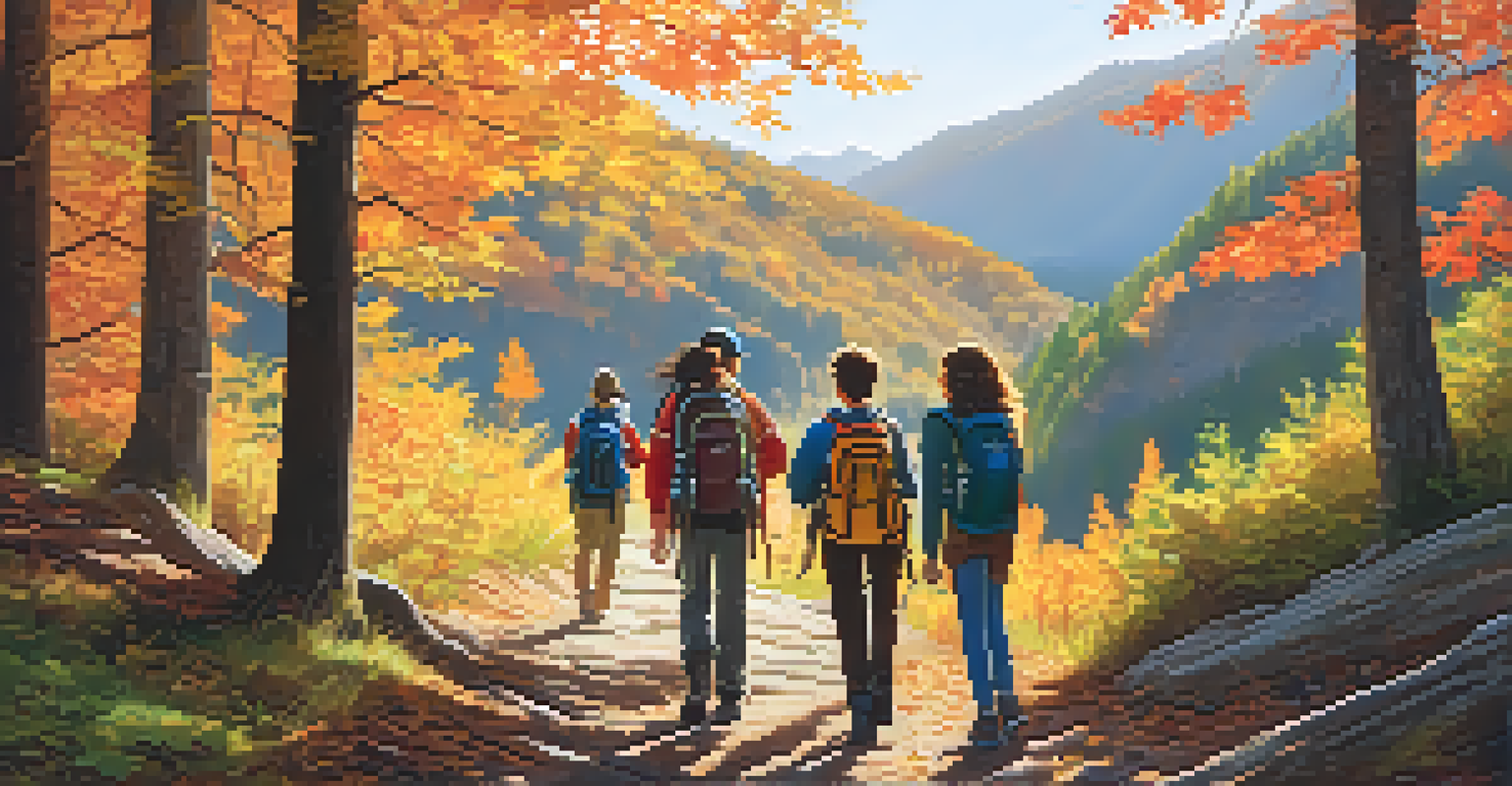 Students hiking along a scenic trail surrounded by vibrant autumn foliage, engaging with a nature guide in a picturesque fall atmosphere.