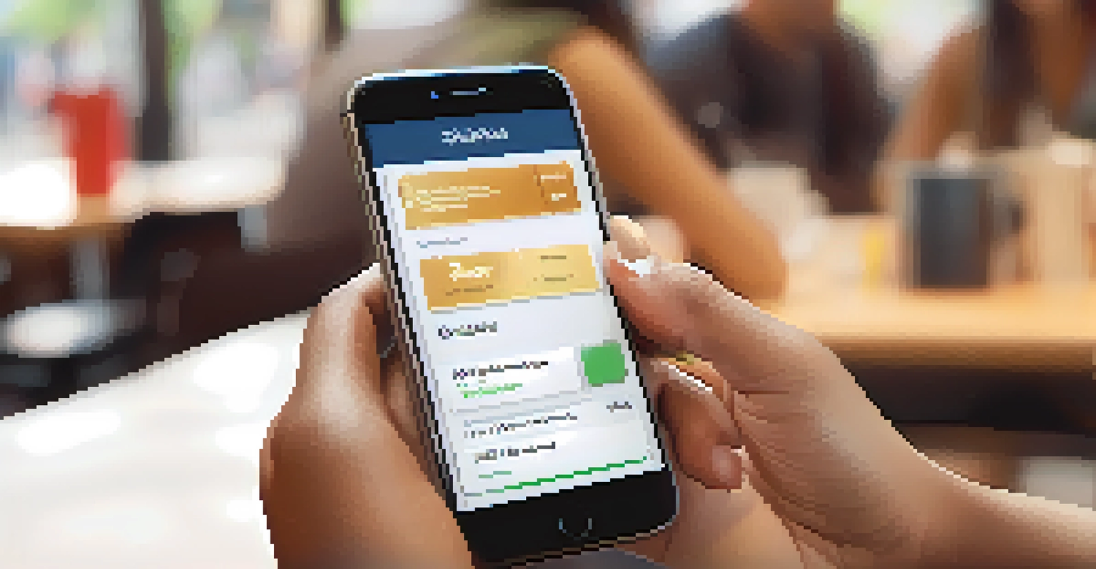 A close-up of a smartphone showing a budgeting app, with diverse hands interacting with the screen, set against the blurred background of a cozy coffee shop.