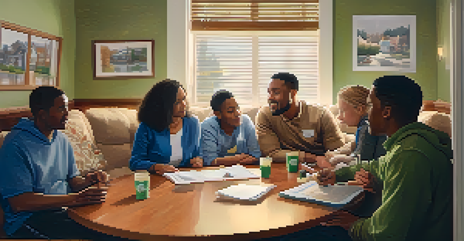A neighborhood watch meeting in a warm living room, showing residents engaged in discussion with a whiteboard behind them.