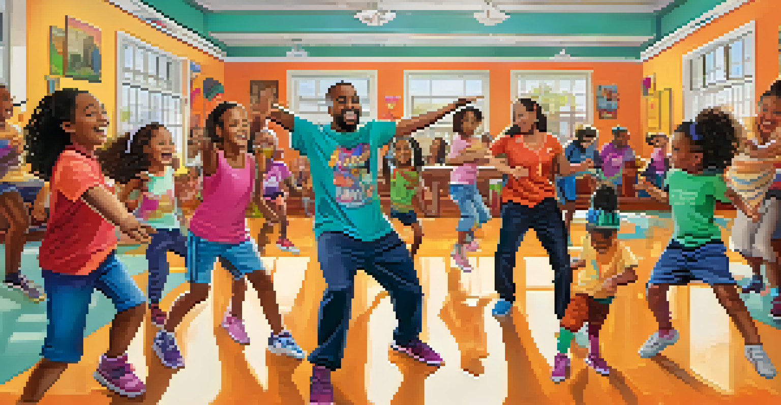 Families dancing joyfully in a hip-hop dance class, with colorful decorations and mirrors in the background.