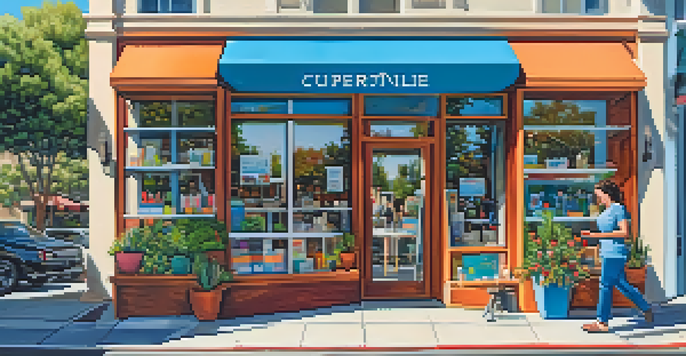 A colorful small business storefront in Cupertino on a sunny day, with large windows and people interacting outside.