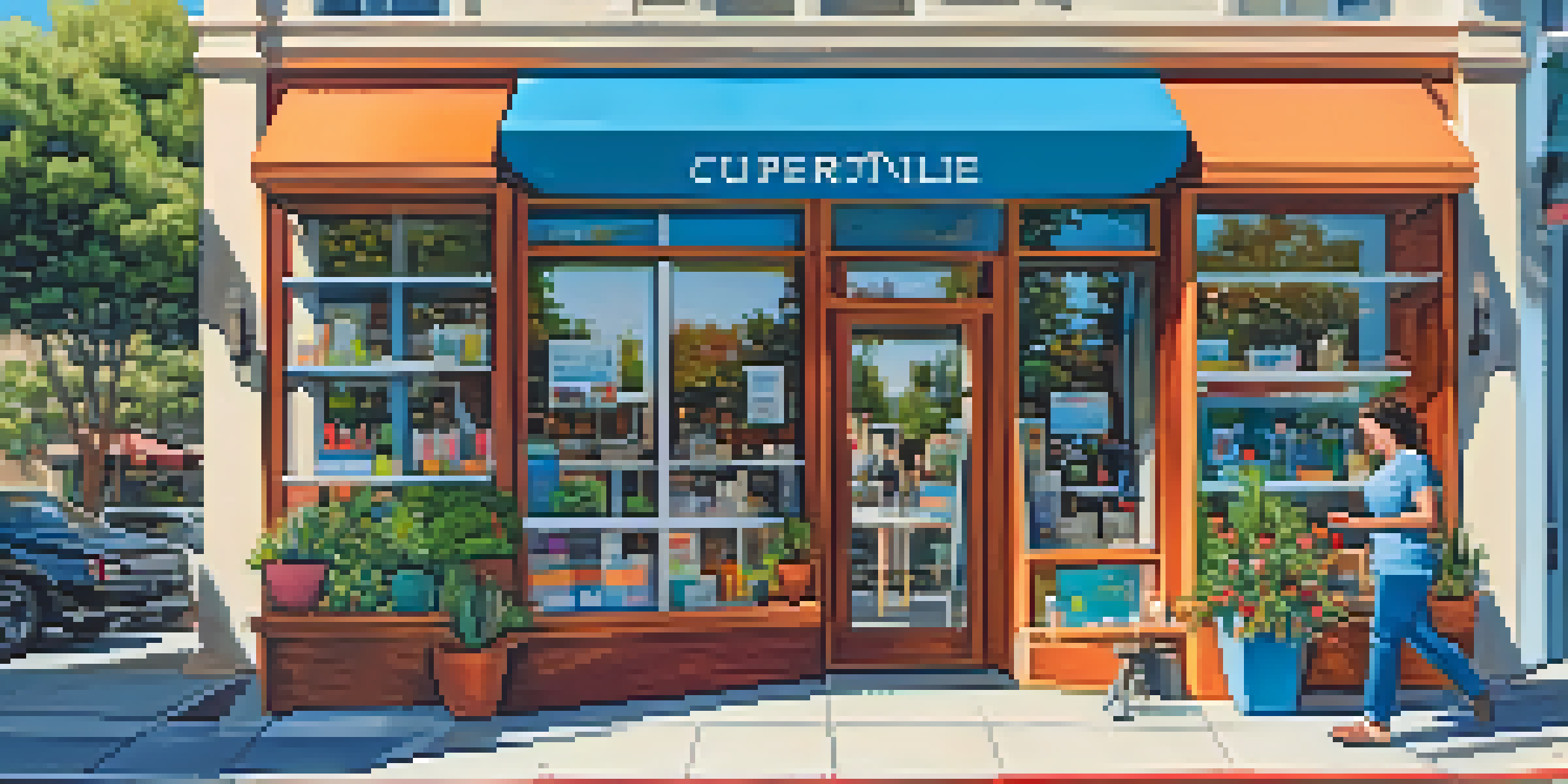 A colorful small business storefront in Cupertino on a sunny day, with large windows and people interacting outside.