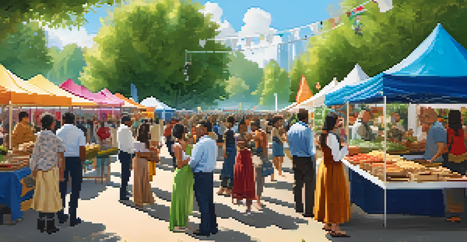 A colorful multicultural fair in a park, featuring diverse people interacting around booths with traditional foods and crafts, surrounded by greenery.